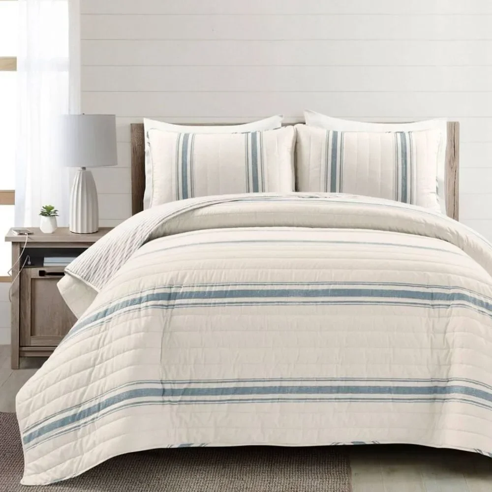 Lush Decor - 2pc Twin/Twin Extra Long Farmhouse Stripe Reversib Blue